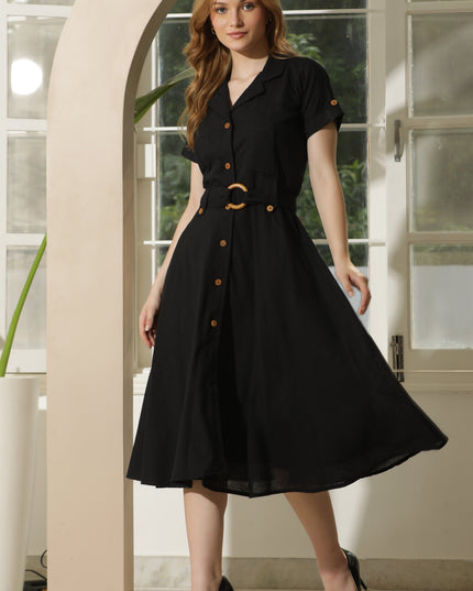 Black Cotton Shirt Dress with Wood Buttons
