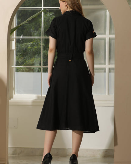 Black Cotton Shirt Dress with Wood Buttons