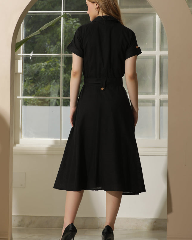 Black Cotton Shirt Dress with Wood Buttons