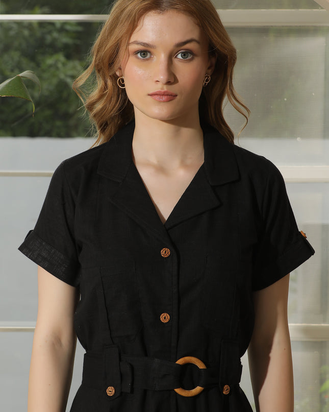 Black Cotton Shirt Dress with Wood Buttons