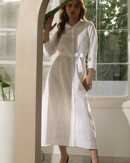 White Cotton Hakoba Shirt Dress for Women