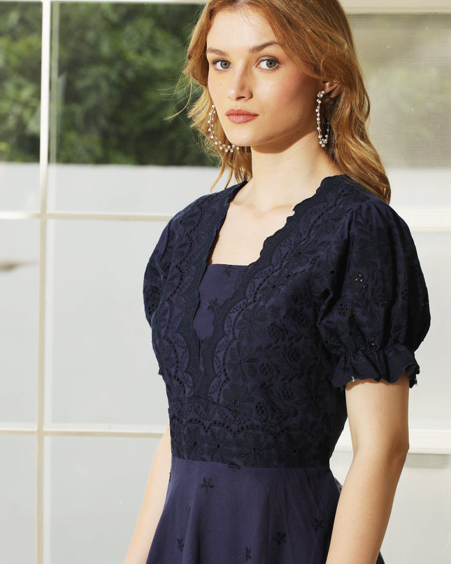 Blue Hakoba Embroidered Cotton Dress for Women