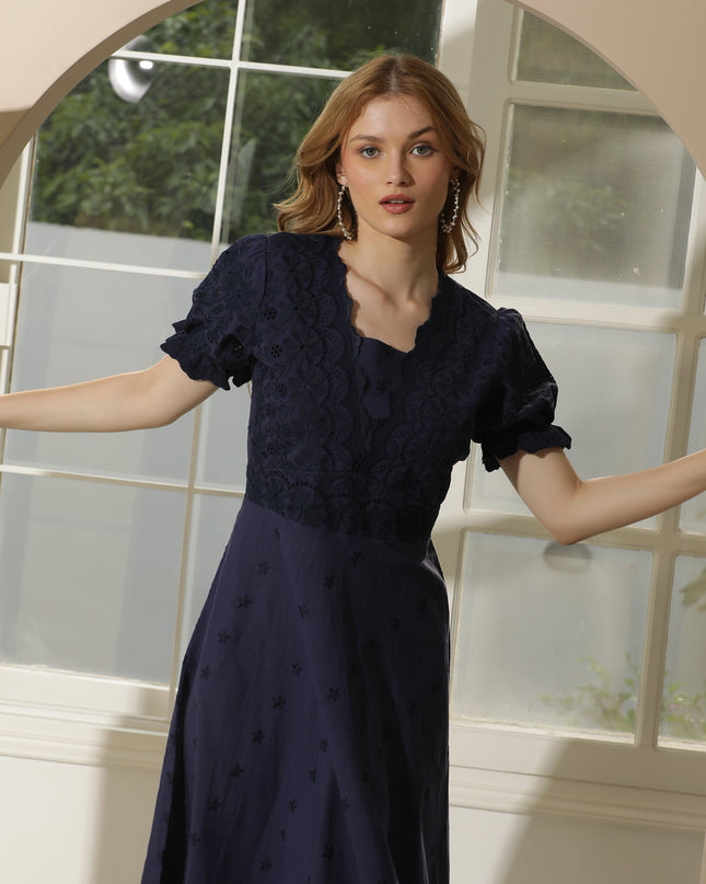 Blue Hakoba Embroidered Cotton Dress for Women