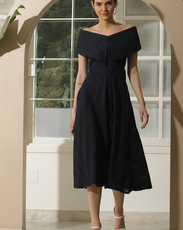 BLUE COTTON OFF SHOULDER DRESS