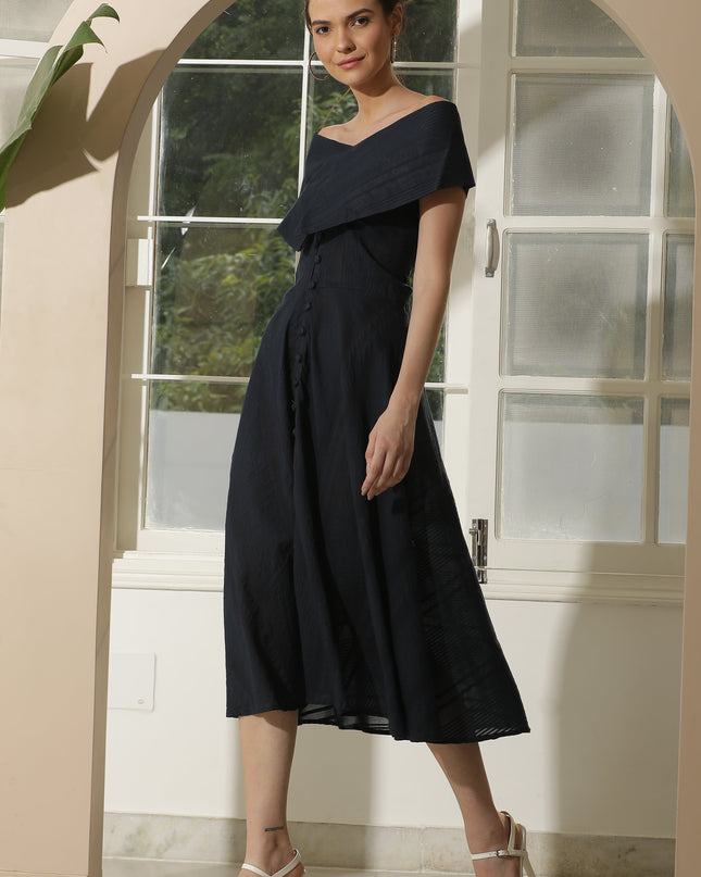 BLUE COTTON OFF SHOULDER DRESS