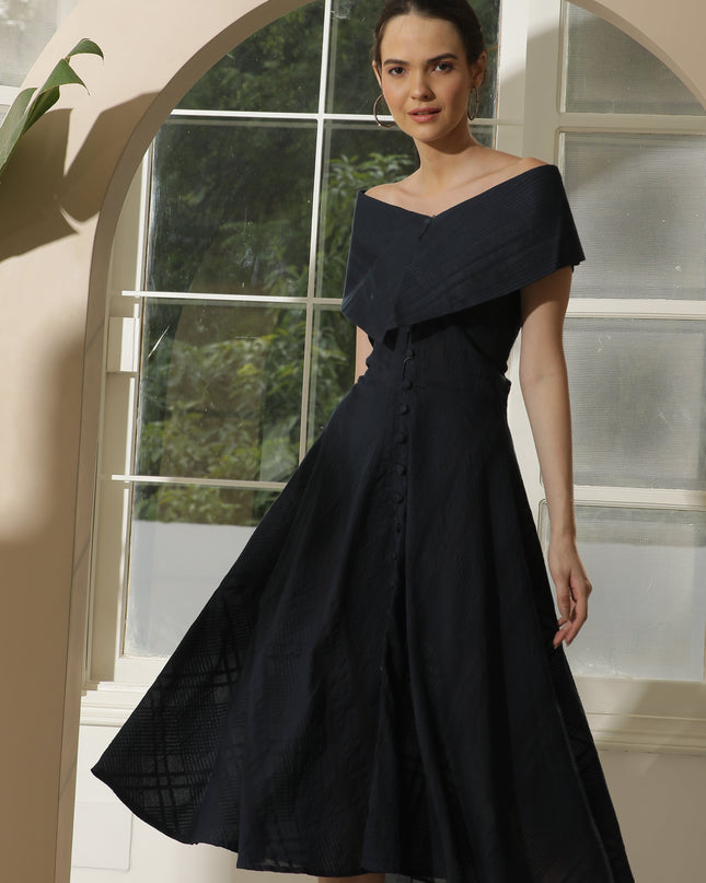 BLUE COTTON OFF SHOULDER DRESS