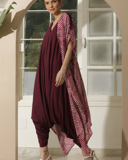Wine Indo Western Kaftan Jumpsuit with Jacket