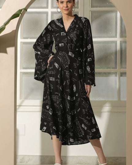 Black Fit & Flare Alphabet Print Dress