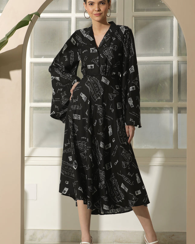 Black Fit & Flare Alphabet Print Dress