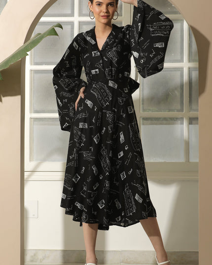 Black Fit & Flare Alphabet Print Dress