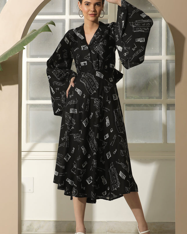 Black Fit & Flare Alphabet Print Dress