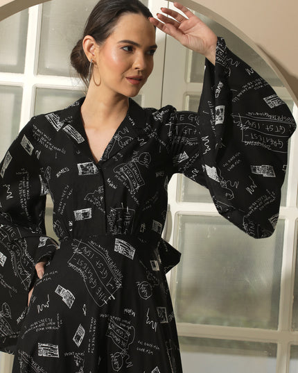 Black Fit & Flare Alphabet Print Dress