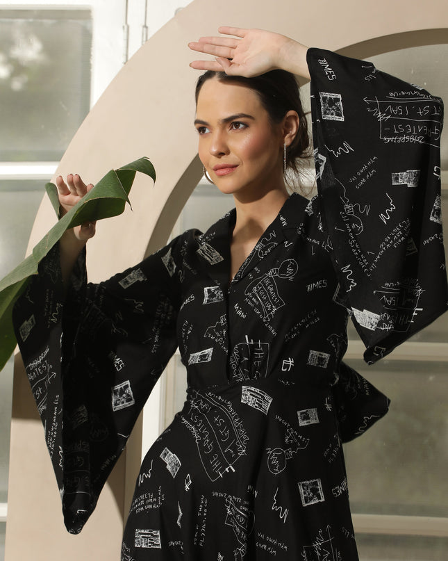 Black Fit & Flare Alphabet Print Dress