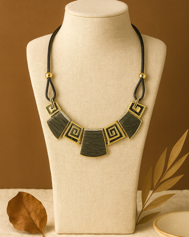 Black Terracotta Square Motif Necklace