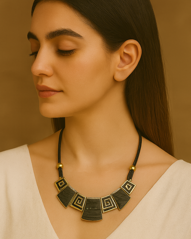 Black Terracotta Square Motif Necklace