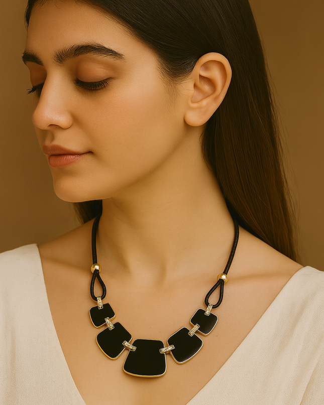 Bold Black Resin Panel Necklace with Gold Accents