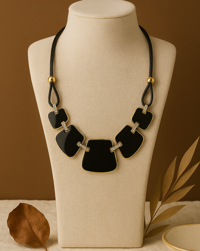 Bold Black Resin Panel Necklace with Gold Accents