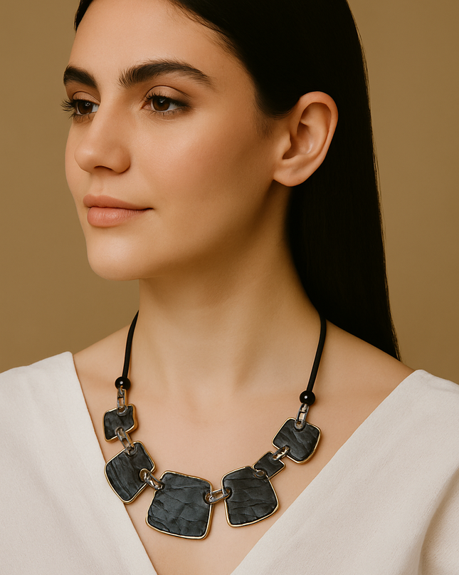 Textured Charcoal Panel Necklace with Rustic Finish