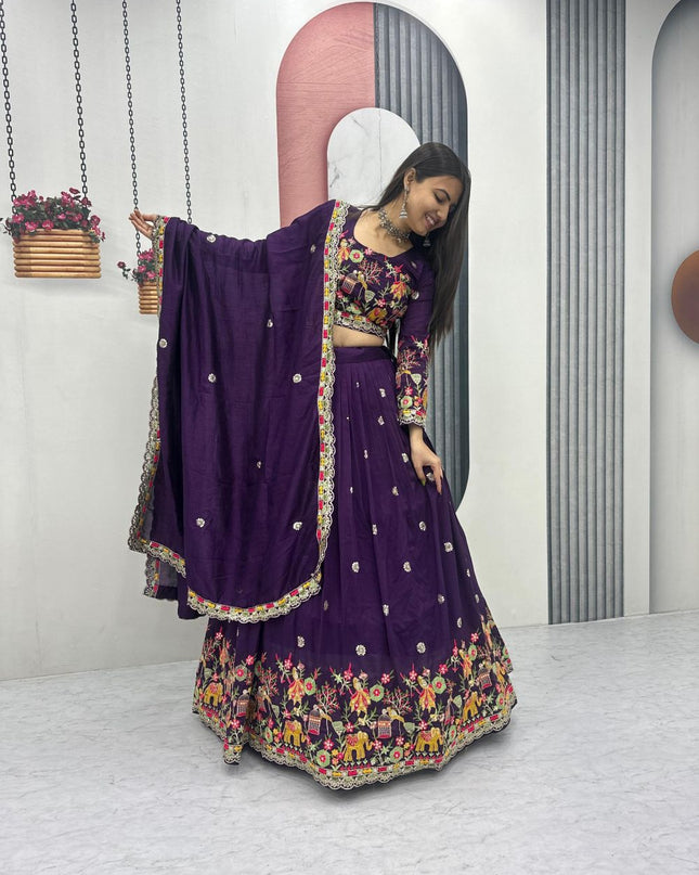 Fashion Dream Women Purple Chinon Lehenga
