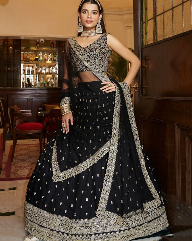 Fashion Dream Women Black Heavy Fox Georgette  Lehenga