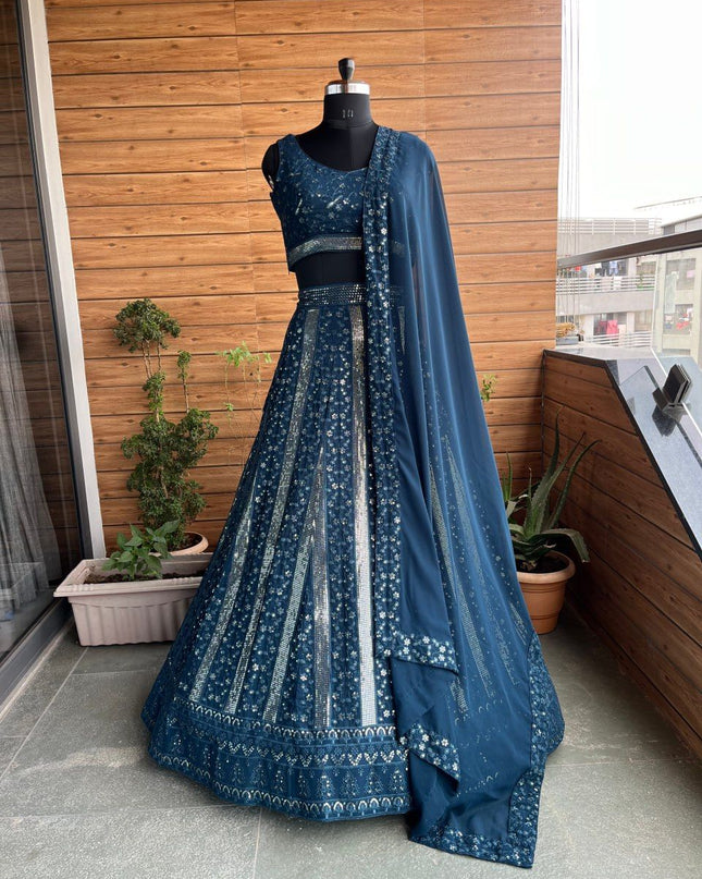 Fashion Dream Women Teal Blue Heavy Fox Georgette Lehenga