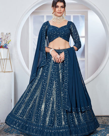 Fashion Dream Women Teal Blue Heavy Fox Georgette Lehenga