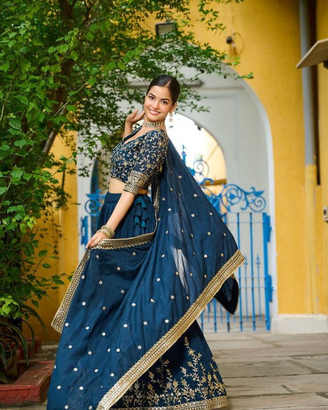 Fashion Dream Women Teal Blue Vichitra Silk Lehenga