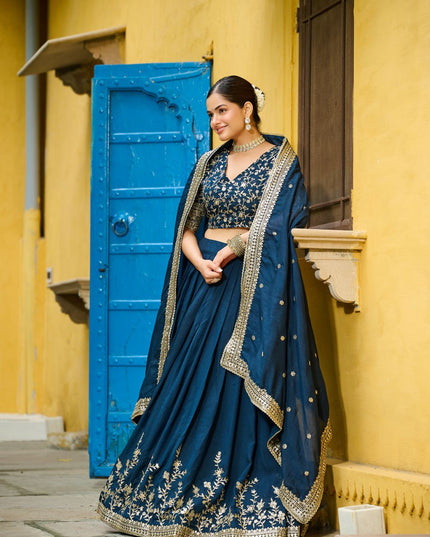 Fashion Dream Women Teal Blue Vichitra Silk Lehenga