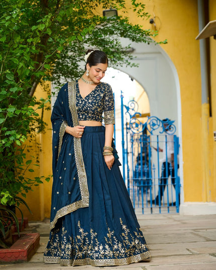 Fashion Dream Women Teal Blue Vichitra Silk Lehenga
