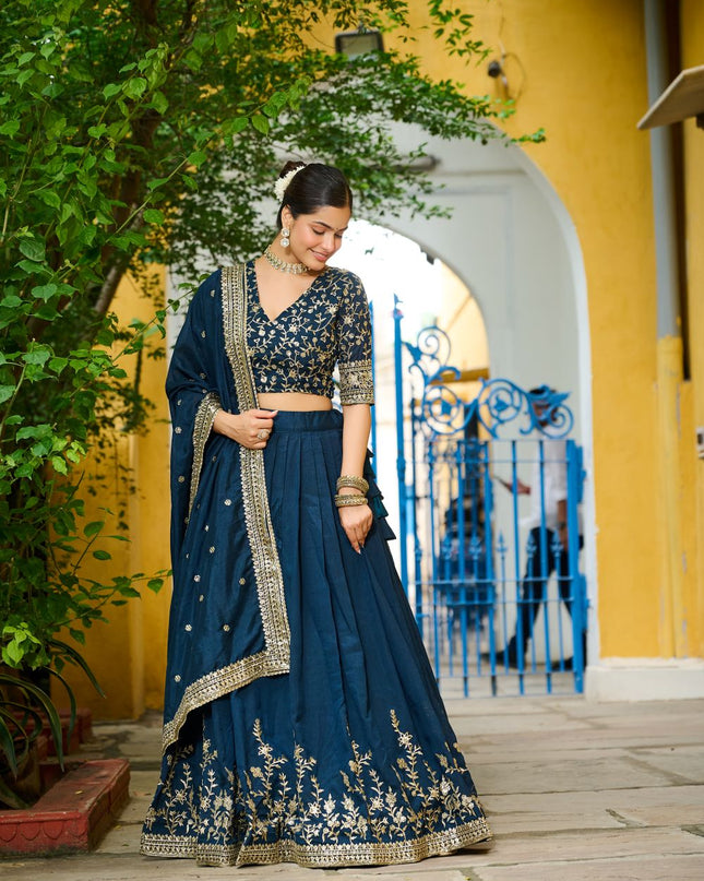 Fashion Dream Women Teal Blue Vichitra Silk Lehenga