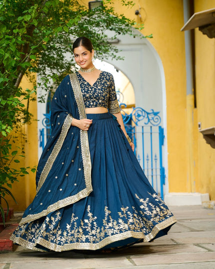 Fashion Dream Women Teal Blue Vichitra Silk Lehenga