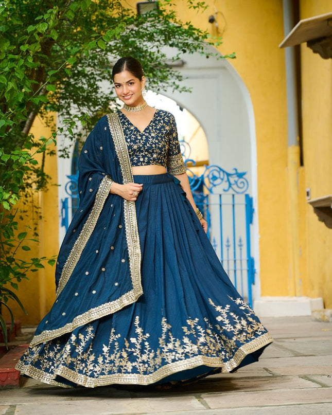 Fashion Dream Women Teal Blue Vichitra Silk Lehenga