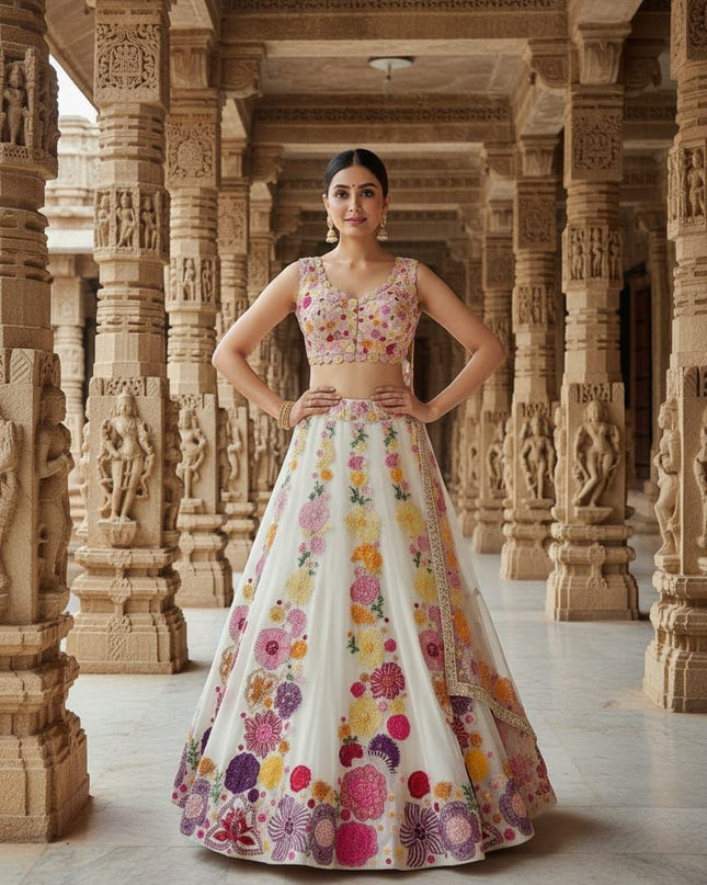 Fashion Dream Women Cream Chinon Lehenga