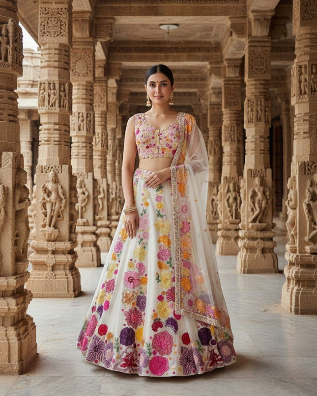 Fashion Dream Women Cream Chinon Lehenga
