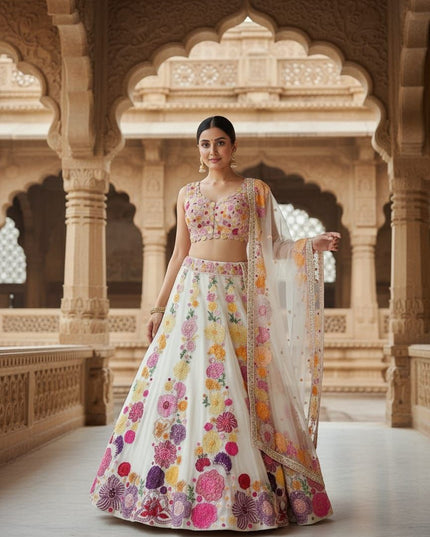 Fashion Dream Women Cream Chinon Lehenga