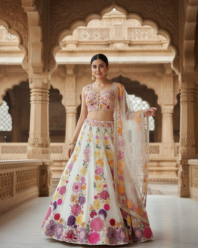 Fashion Dream Women Cream Chinon Lehenga