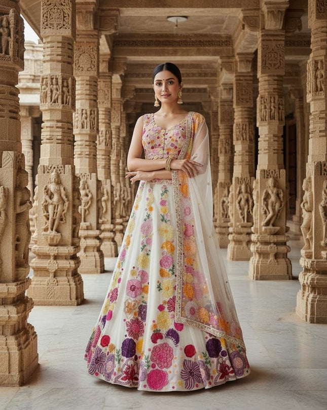 Fashion Dream Women Cream Chinon Lehenga