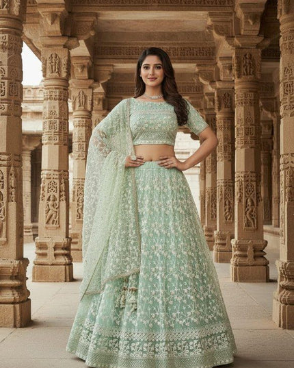 Fashion Dream Women Sea Green Net Lehenga