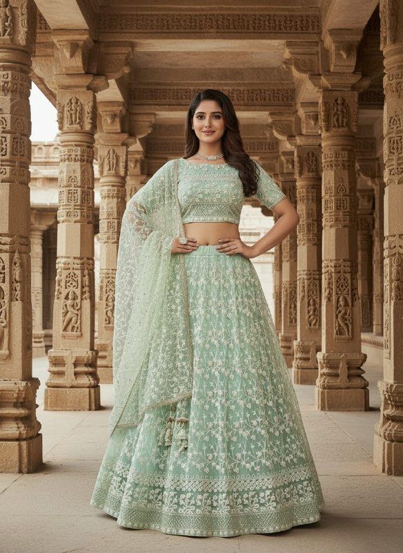 Fashion Dream Women Sea Green Net Lehenga