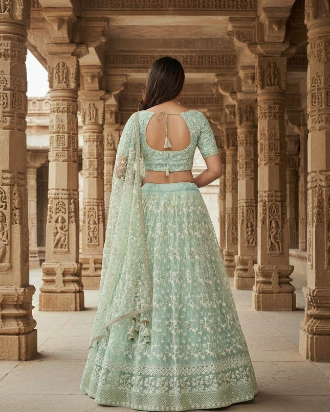 Fashion Dream Women Sea Green Net Lehenga