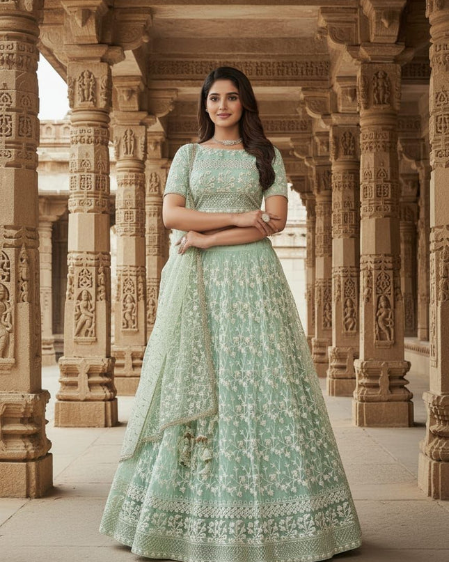 Fashion Dream Women Sea Green Net Lehenga