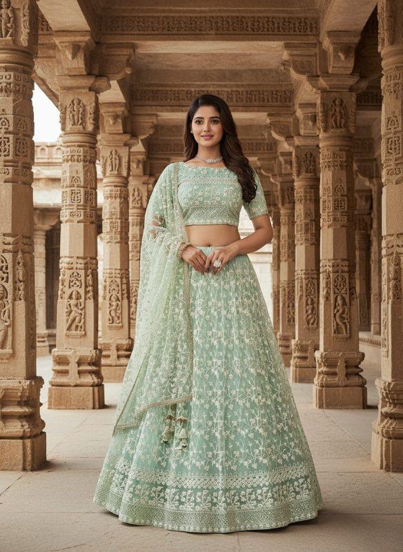 Fashion Dream Women Sea Green Net Lehenga