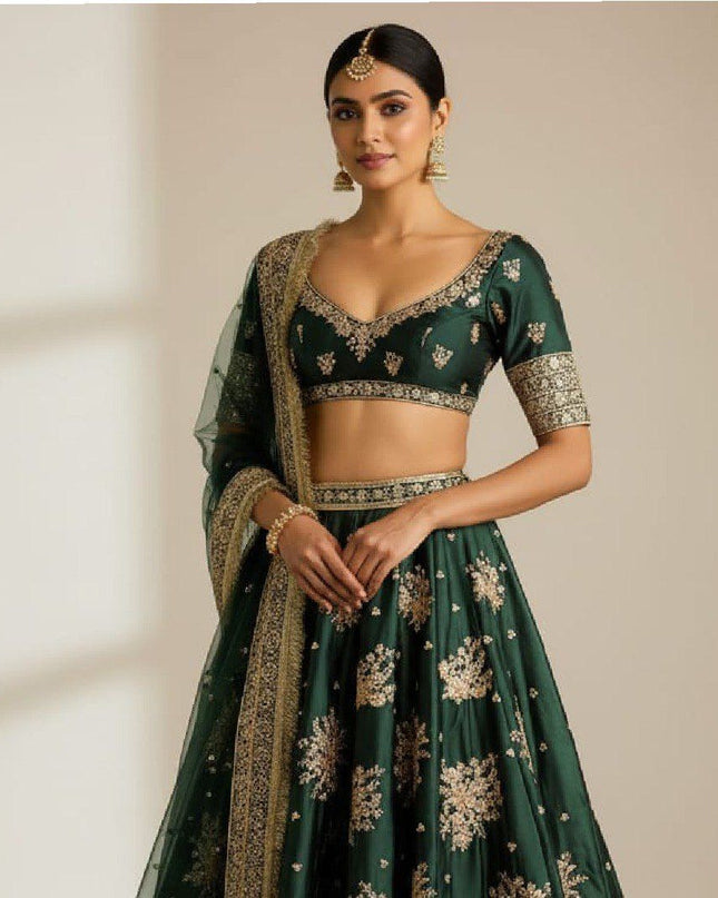 Fashion Dream Women Green French Crepe Lehenga