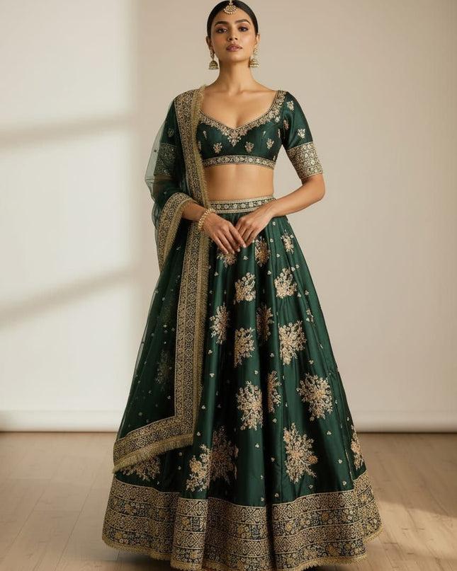 Fashion Dream Women Green French Crepe Lehenga
