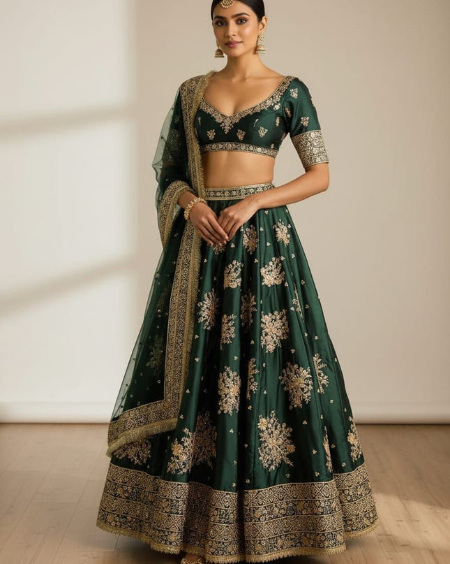 Fashion Dream Women Green French Crepe Lehenga