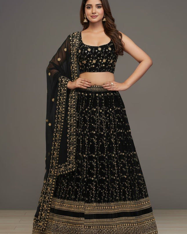 Fashion Dream Women Black Faux Goergette Lehenga