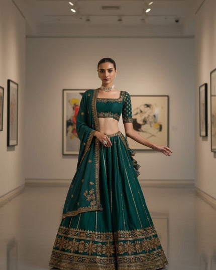 Fashion Dream Women Green Vichitra Lehenga