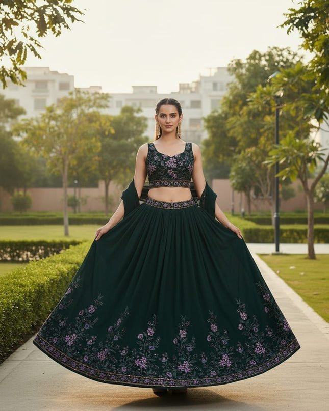 Fashion Dream Women Dark Green Goergette Lehenga