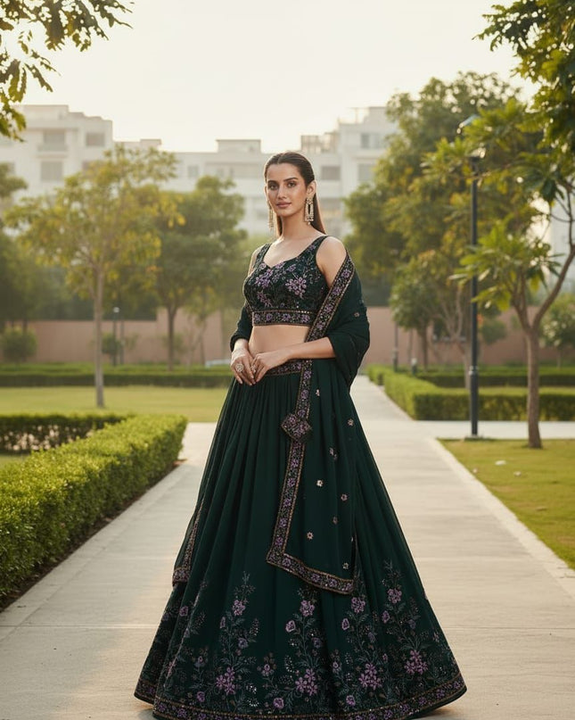 Fashion Dream Women Dark Green Goergette Lehenga