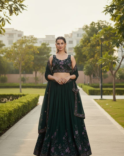Fashion Dream Women Dark Green Goergette Lehenga